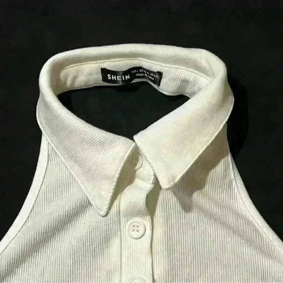 SHEIN White Sleeveless Quarter Button Collar White Summer Crop Top Size L - Picture 6 of 6